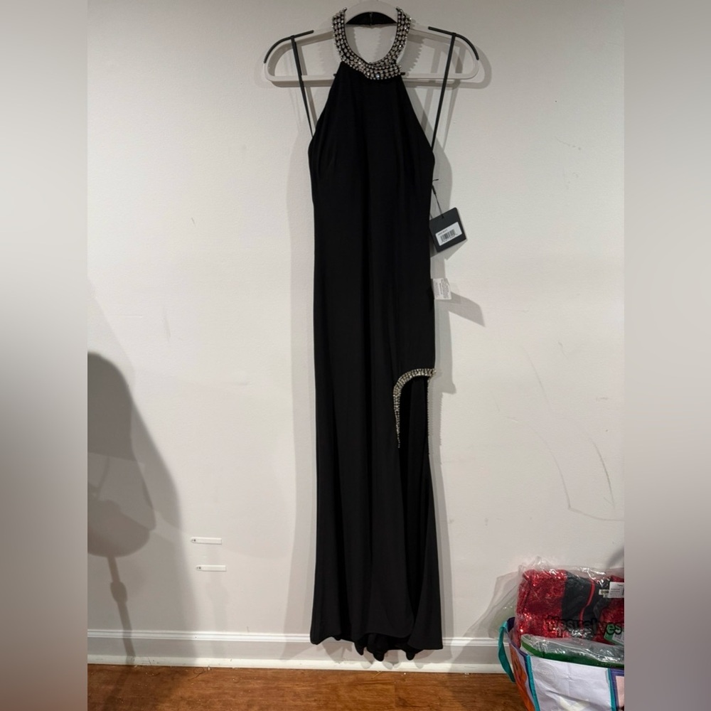 Mac Duggal 26533 Black Rhinestone Accented Halter Gown - Picture 4 of 7